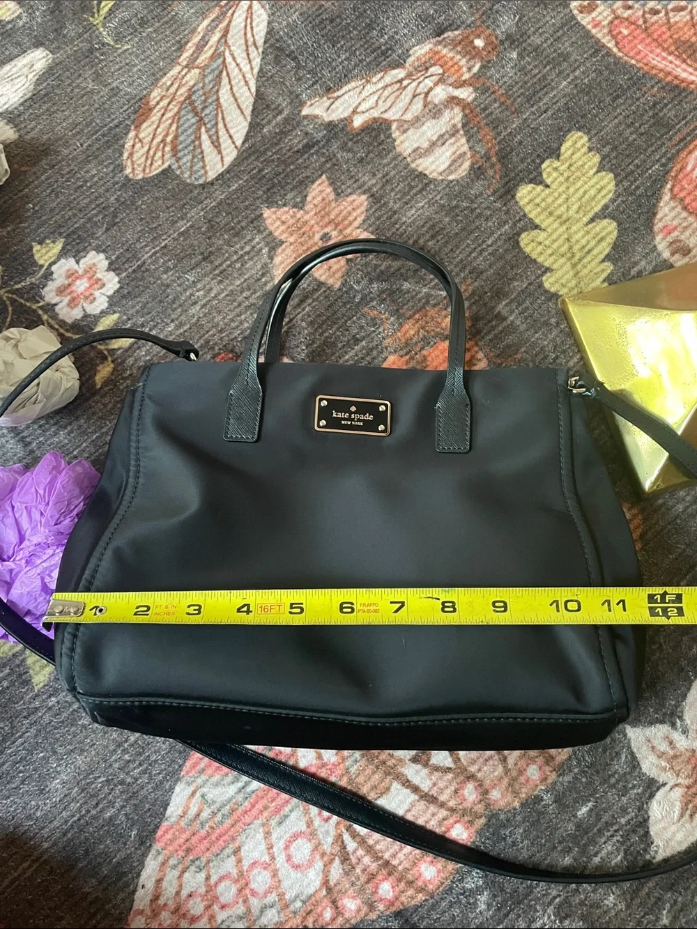 Kate Spade Black Nylon Satchel Bag with Gold Plaque Crossbody Strap EUC